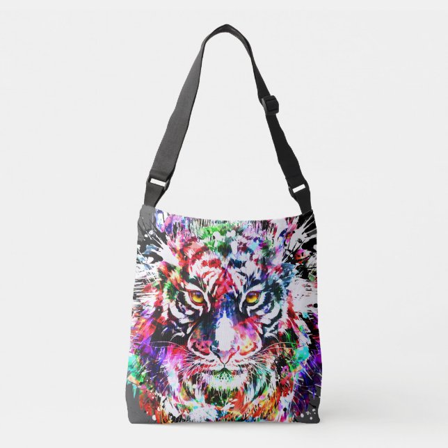 Farbenfrohe Tiger Head Zeichnend Crossbody Bag Tragetaschen Mit Langen Trägern (Vorderseite)