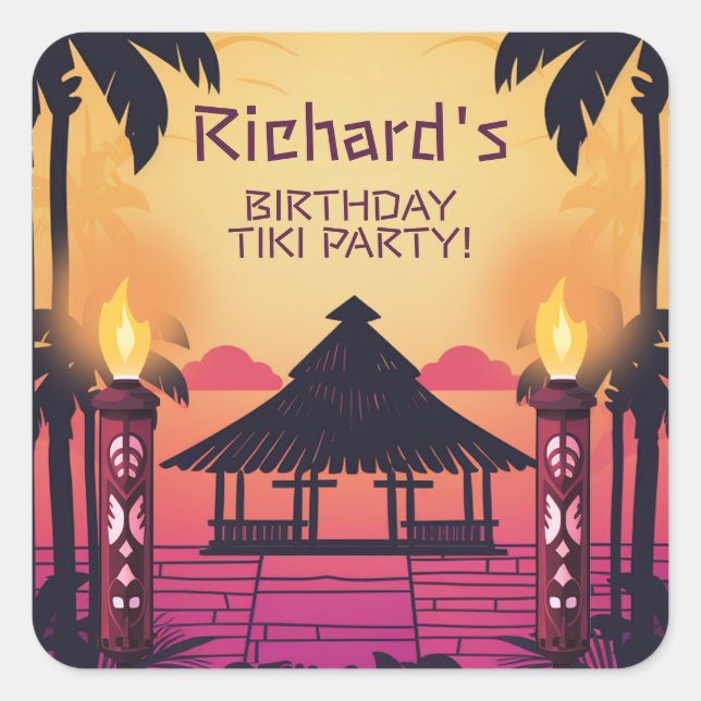 Farbenfrohe Tiki Hawaiian Birthday Party Quadratischer Aufkleber (Vorderseite)