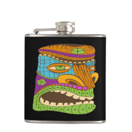 Farbenfrohe Tiki Kopf in exotischer Stimmung, sonn Flachmann