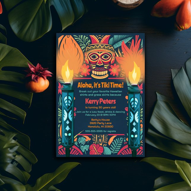 Farbenfrohe Tiki Luau Skull Backyard Birthday Part Einladung (Tiki Luau Birthday Party Invitation)