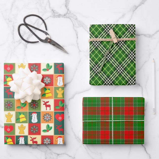 Farbenfrohe traditionelle Weihnachten Geschenkpapier Set (Vorderseite)