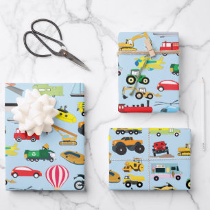 Farbenfrohe Transportmittel & Fahrzeuge Kindermust Geschenkpapier Set