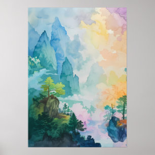 Farbenfrohe Traumlandschaft mit Bäumen und Bergen Poster