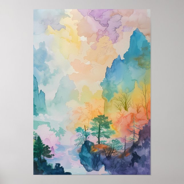 Farbenfrohe Traumlandschaft mit Bäumen und Bergen Poster (Vorne)