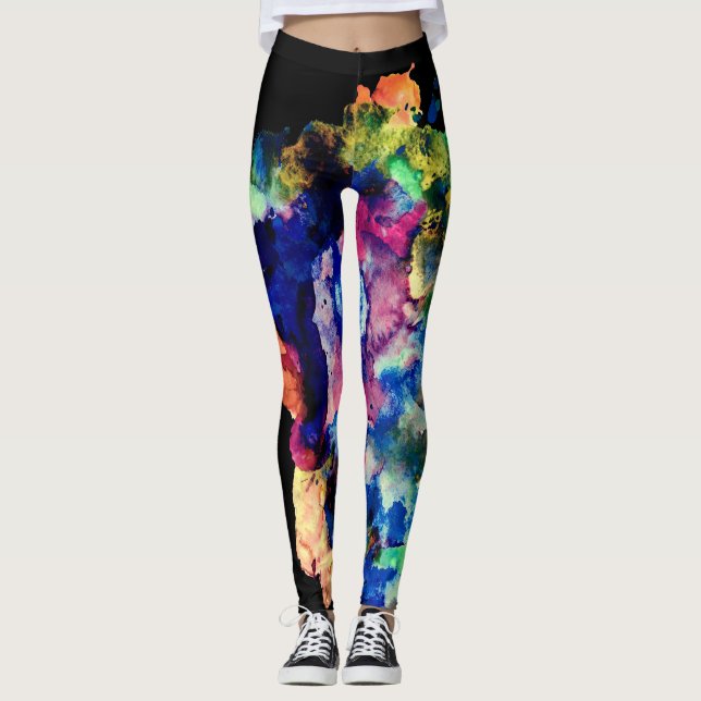 Farbenfrohe trendy Abstrakte Wasserfarbe Spritzer Leggings (Vorderseite)