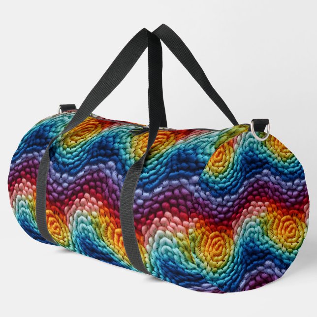 Farbenfrohe, trendy Regenbogen-Knittermuster Duffle Bag (Linke Ecke)