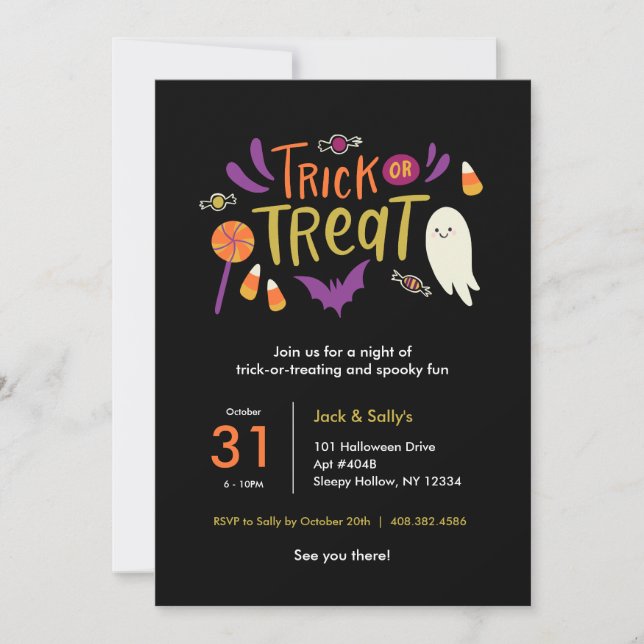Farbenfrohe Trick oder Treatment Halloween-Party E Einladung (Vorderseite)