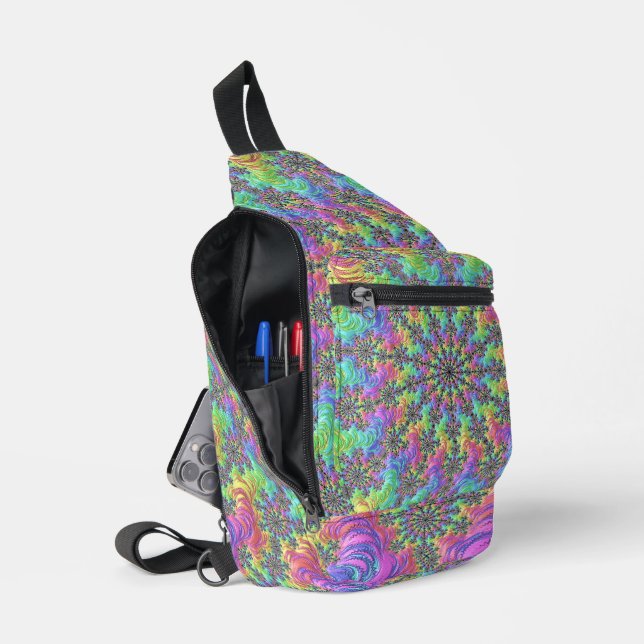 Farbenfrohe Trippy-Vibrany Groovy Fraktal Burst Crossbody Bag (Offen)
