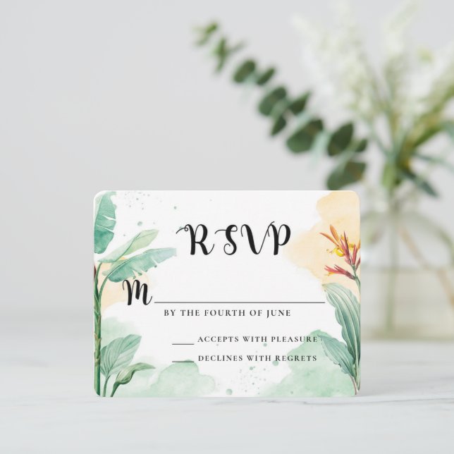 Farbenfrohe Tropenblumenhochzeit RSVP Karte (Stehend Vorderseite)