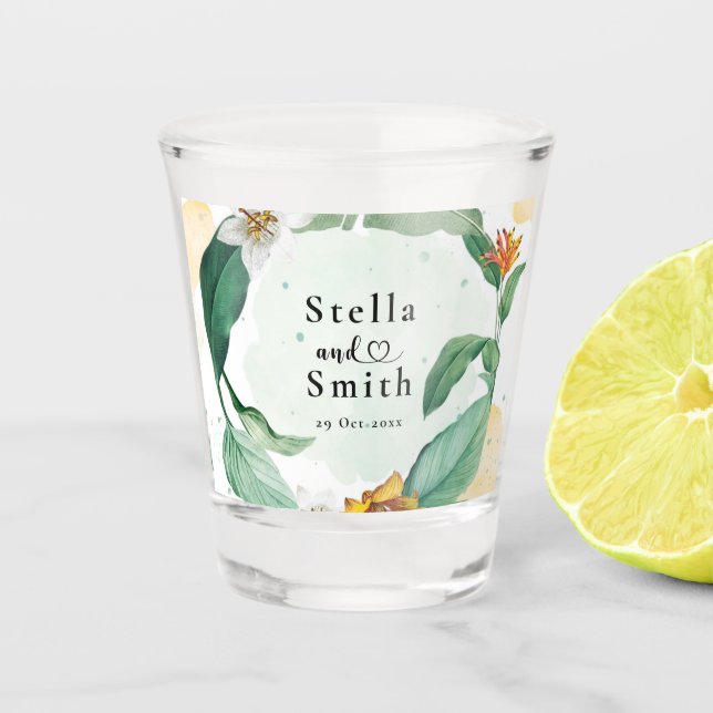 Farbenfrohe Tropenblumenhochzeit Schnapsglas (Vorderseite)