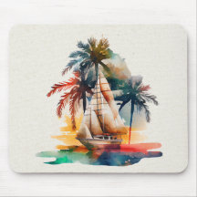 Farbenfrohe Tropenpalme und Segelboot Mousepad