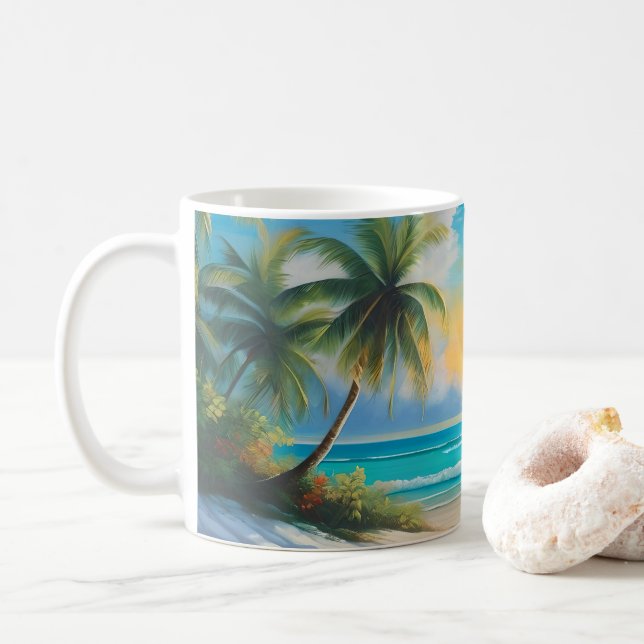 Farbenfrohe Tropenparadies Meer & Palmen Kaffeetasse (Mit Donut)