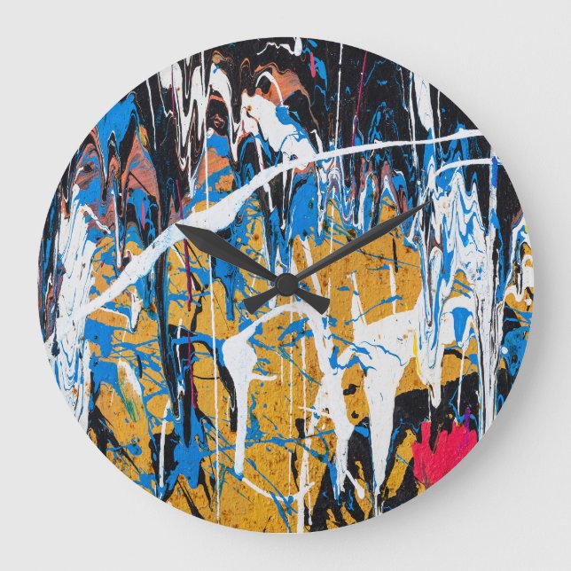 Farbenfrohe Tropffarbe: Graffiti-Wand. Große Wanduhr (Vorderseite)