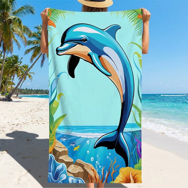Farbenfrohe Tropical Beach Dolphin Jumping Strandtuch (Von Creator hochgeladen)