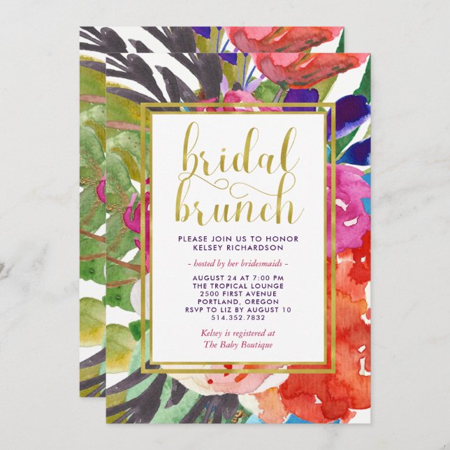 Farbenfrohe Tropical Bridal Brunch Einladung (Vorne/Hinten)