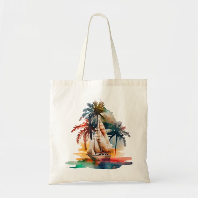 Farbenfrohe Tropical Palm Sailboat Toag Tragetasche (Vorne)