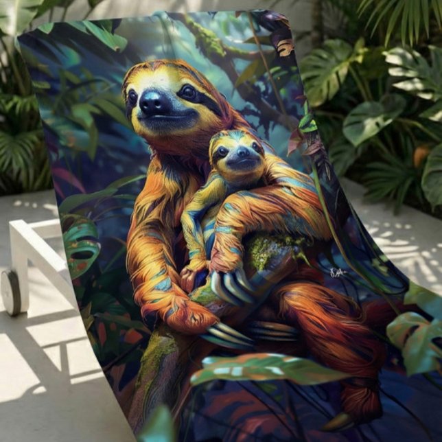 Farbenfrohe Tropical Sloth & Baby Beach Handtuch (Tropical sloth beach towel with bright colors, perfect for relaxing pool and beach days.)