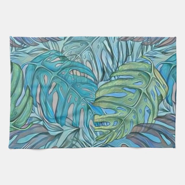 Farbenfrohe tropische Blätter Aquarell Geschirrtuch (Horizontal)