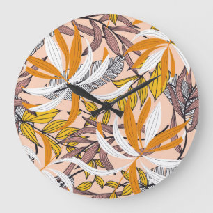 Farbenfrohe tropische Blätter, beige Hintergrundmu Große Wanduhr