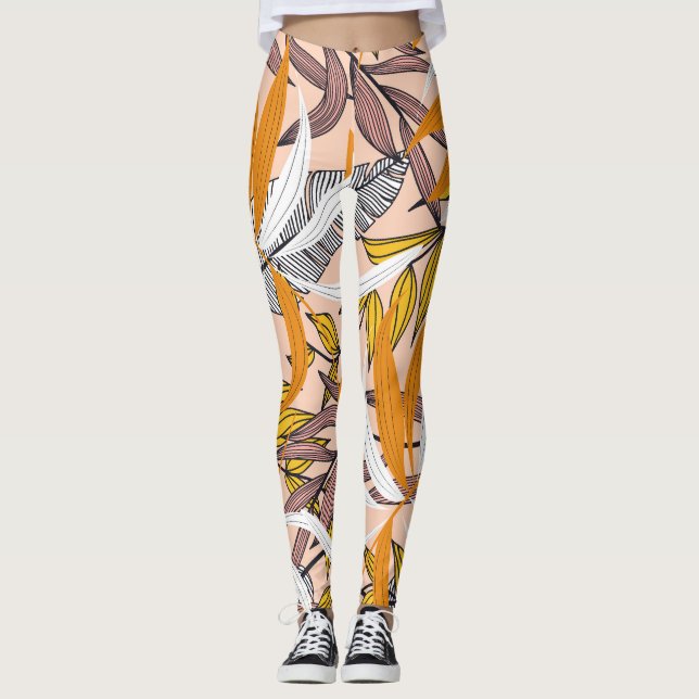Farbenfrohe tropische Blätter, beige Hintergrundmu Leggings (Vorderseite)