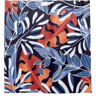 Farbenfrohe tropische Blätter Blauer Hintergrund Duschvorhang