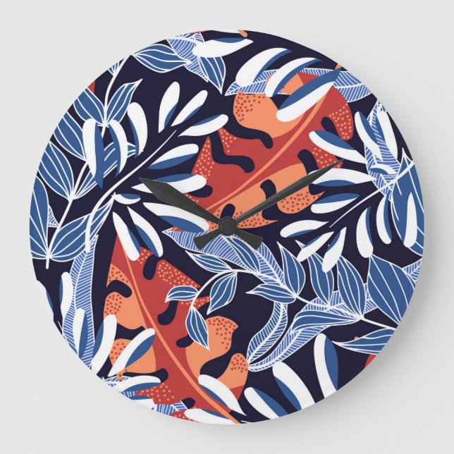 Farbenfrohe tropische Blätter Blauer Hintergrund Große Wanduhr (Vorderseite)