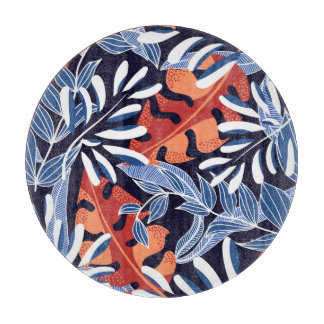 Farbenfrohe tropische Blätter Blauer Hintergrund Schneidebrett