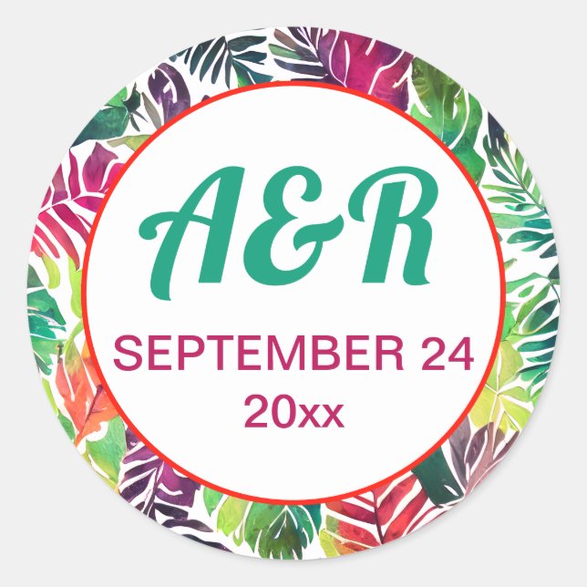 Farbenfrohe tropische Blätter, Rahmen maximalistis Runder Aufkleber (Vorderseite)