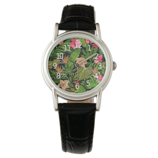 Farbenfrohe tropische Blätter und Hibiskus-Blume | Armbanduhr (Vorderseite)