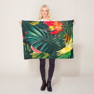 Farbenfrohe tropische Blätter und Hibiskus-Blume   Fleecedecke