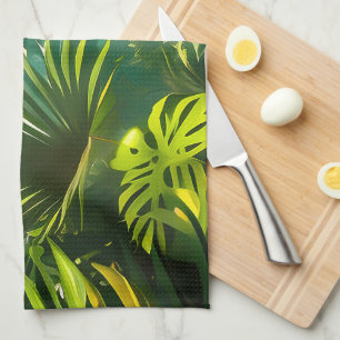 Farbenfrohe tropische Blätter und Hibiskus-Blume   Geschirrtuch