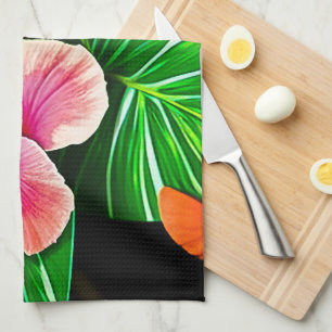 Farbenfrohe tropische Blätter und Hibiskus-Blume Geschirrtuch