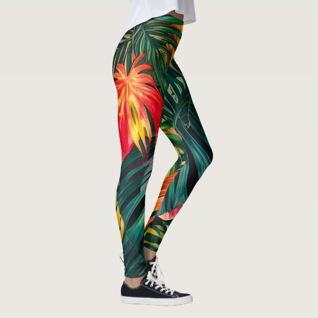 Farbenfrohe tropische Blätter und Hibiskus-Blume | Leggings (Rechts)