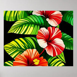 Farbenfrohe tropische Blätter und Hibiskus-Blume Poster