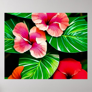 Farbenfrohe tropische Blätter und Hibiskus-Blume   Poster