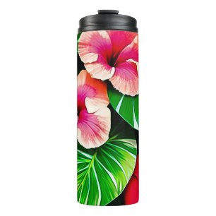 Farbenfrohe tropische Blätter und Hibiskus-Blume Thermosbecher