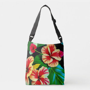Farbenfrohe tropische Blätter und Hibiskus-Blume Tragetaschen Mit Langen Trägern