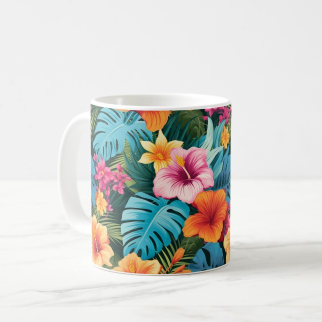 Farbenfrohe tropische Blattmuster Kaffeetasse (Vorderseite Links)