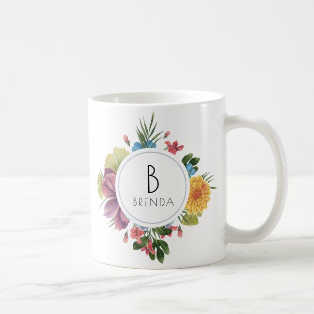 Farbenfrohe tropische Blume Bouquet Monogram Kaffeetasse (Rechts)