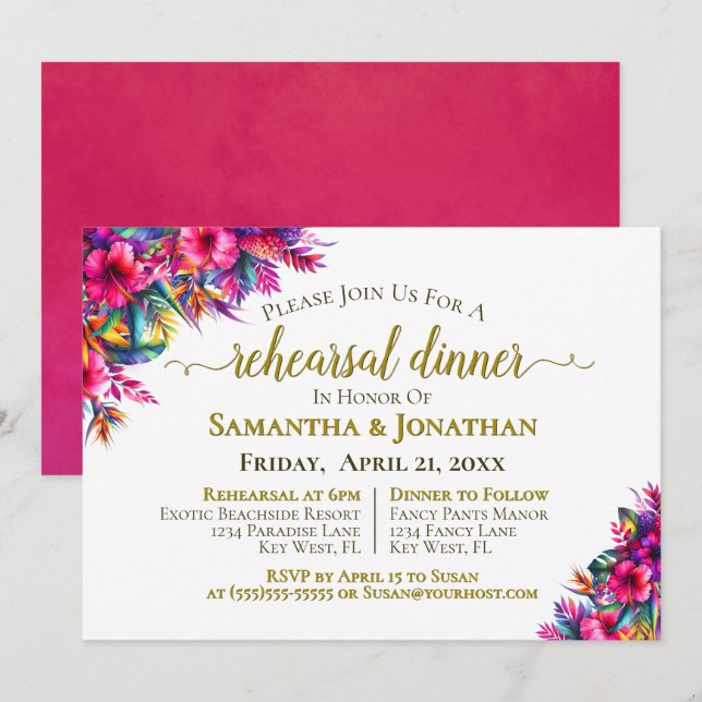 Farbenfrohe tropische Blume Hochzeitsessen Probe Einladung (Vorne/Hinten)