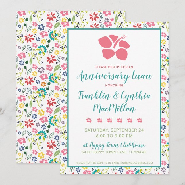 Farbenfrohe tropische Blume Jubiläum Luau Einladung (Vorne/Hinten)
