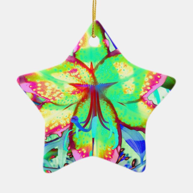 Farbenfrohe tropische Blume mit grüner Rosa Lilie Keramikornament (Vorne)