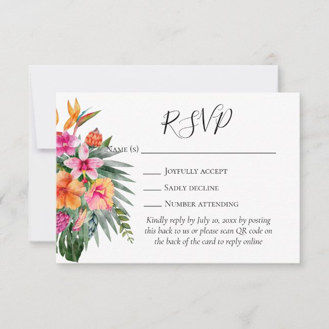 Farbenfrohe tropische Blume QR Code Hochzeit RSVP (Vorderseite)