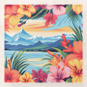 Farbenfrohe tropische Blume und Landschaften Glasuntersetzer