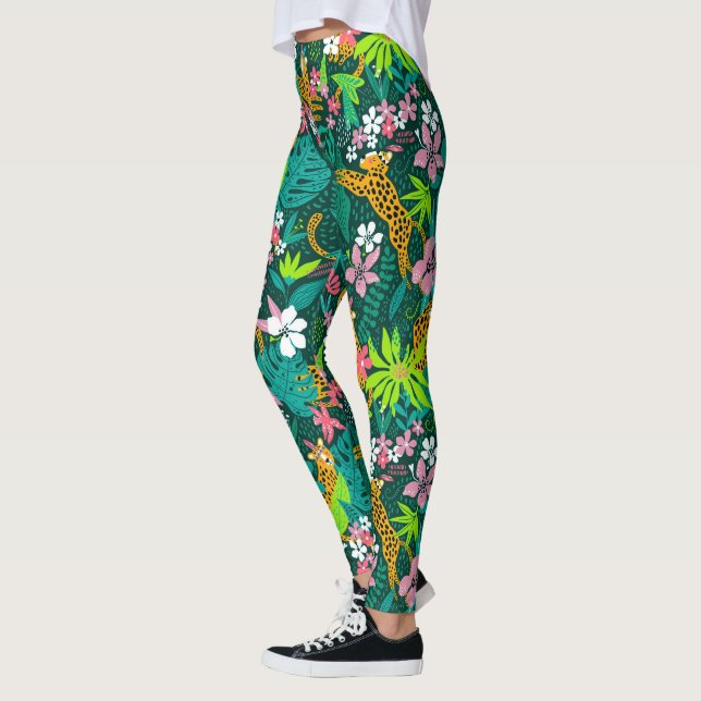 Farbenfrohe tropische Blume und Tiermuster Leggings (Links)