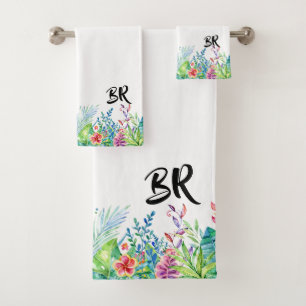 Farbenfrohe tropische Blume und Typografie Badhandtuch Set