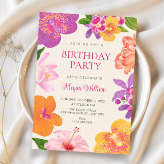 Farbenfrohe tropische Blumen blühen zum Geburtstag Einladung