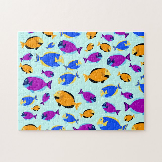 Farbenfrohe tropische Fischmuster im Blauen Meer Puzzle (Horizontal)