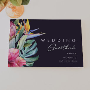 Farbenfrohe tropische Flora   Dunkle Lila Hochzeit Gästebuch