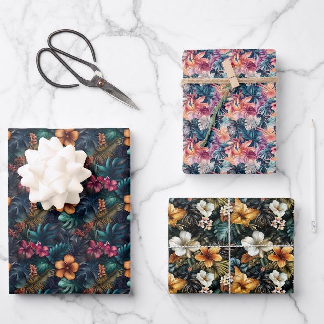 Farbenfrohe tropische Flora Geschenkpapier Set (Vorderseite)